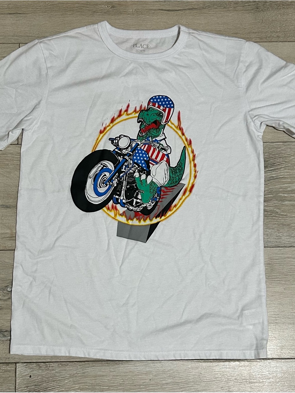 The Children's Place White Tee with Patriotic Motorcycle Dino Graphic